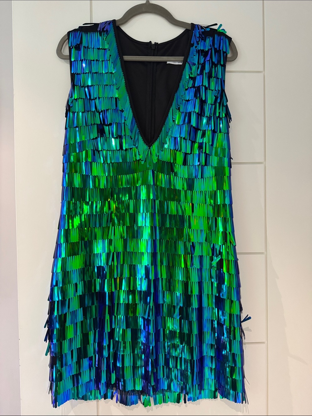 Green & Blue Sequin Fringe V-Neck Mini Dress